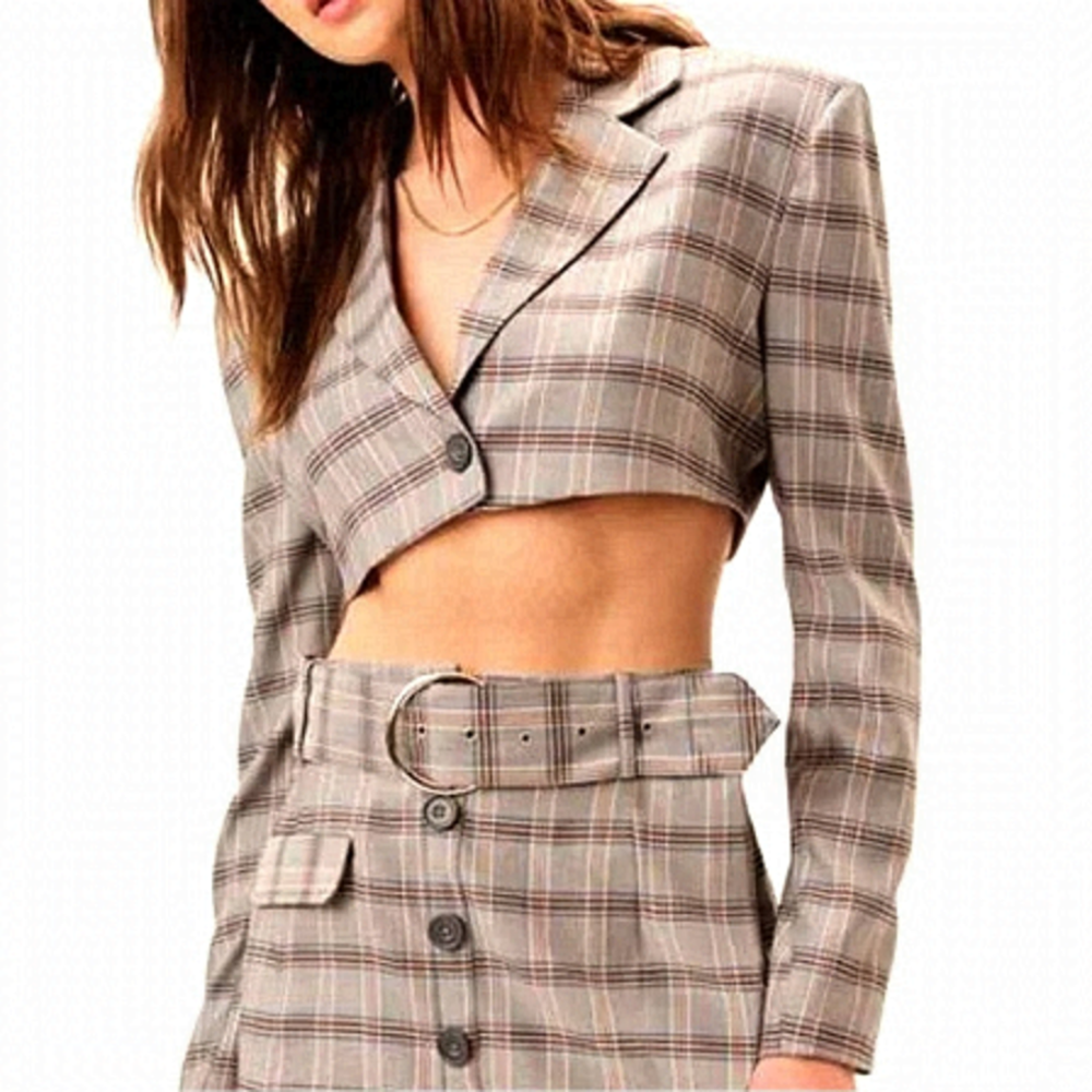 For Love & Lemons Kym Brown glen check Plaid Cropped Blazer Size Large